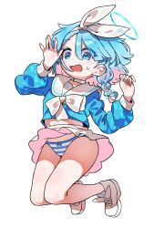 Rule 34 | 1girl, absurdres, arona (blue archive), blue archive, blue eyes, blue hair, blue halo, blush, braid, choker, colored inner hair, full body, halo, highres, je o mo, long sleeves, looking at viewer, multicolored hair, open mouth, panties, pink hair, pleated skirt, sailor collar, shoes, short hair, simple background, single braid, skirt, solo, striped clothes, striped panties, underwear, white background, white choker, white footwear, white panties, white sailor collar, white skirt