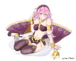 Rule 34 | 1girl, bare shoulders, black legwear, blush, breasts, bridal gauntlets, clenched teeth, cosplay, hand fan, fire emblem, fire emblem awakening, fire emblem fates, fire emblem heroes, grin, hairband, ippers, jewelry, long hair, looking at viewer, lying, medium breasts, midriff, navel, nintendo, olivia (fire emblem), olivia (fire emblem) (cosplay), pelvic curtain, pink eyes, pink hair, sandals, see-through, smile, soleil (fire emblem), solo, teeth, twitter username