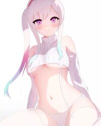 Rule 34 | 1girl, artist request, blush, breasts, character request, medium breasts, meme attire, purple eyes, smile, virgin destroyer sweater, white hair