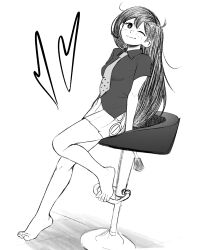 Rule 34 | 1girl, absurdres, bare legs, barefoot, breasts, cabronpr, closed mouth, collared shirt, full body, greyscale, hair between eyes, highres, leaning, long hair, mari (omori), miniskirt, monochrome, omori, one eye closed, pleated skirt, shirt, short sleeves, sitting, skirt, small breasts, solo, standing, standing on one leg, stool, toes