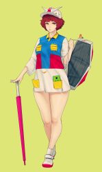 Rule 34 | 1girl, bag, bottomless, breasts, brown eyes, brown hair, cellphone, full body, green background, gundam, hat, highres, holding, holding bag, large breasts, mobile suit gundam, original, personification, phone, pocket, rx-78-2, simple background, smartphone, solo, standing, thighs, umbrella, white hat, zcune
