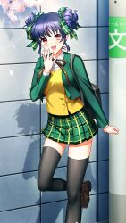 Rule 34 | 1girl, :d, black thighhighs, blue hair, brown footwear, brown ribbon, collared shirt, day, double bun, doukyuusei 2, doukyuusei another world, dress shirt, game cg, green ribbon, green skirt, hair bun, hair ribbon, loafers, long sleeves, looking at viewer, miniskirt, narusawa yui, neck ribbon, open mouth, outdoors, plaid, plaid ribbon, plaid skirt, pleated skirt, red eyes, ribbon, school uniform, shadow, shirt, shoes, skirt, smile, solo, sparkle, standing, standing on one leg, thighhighs, vest, white shirt, wing collar, yellow vest, zettai ryouiki
