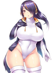 Rule 34 | 10s, 1girl, blue hair, blush, breasts, brown eyes, covered navel, cowboy shot, emperor penguin (kemono friends), gloves, gluteal fold, hair over one eye, hand on own chest, headphones, highleg, highres, hood, hoodie, kemono friends, large breasts, leotard, long hair, looking at viewer, multicolored hair, open mouth, simple background, solo, streaked hair, tail, thighhighs, thighs, tsukumiya amane, upper body, white background, white leotard, white thighhighs