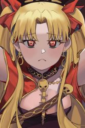 Rule 34 | 1girl, angelicelfy, assertive female, black tiara, blonde hair, blush, breasts, brown sash, cleavage, cloak, earrings, ereshkigal (fate), face-to-face, fate/grand order, fate (series), frown, hair ribbon, heart, heart-shaped pupils, highres, hoop earrings, jewelry, kabedon on viewer, long hair, looking at viewer, medium breasts, red cloak, red eyes, red ribbon, ribbon, sash, skull, skull collar, skull ornament, solo, spine, symbol-shaped pupils, tiara, twintails