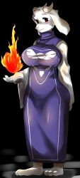 Rule 34 | 1girl, animal ears, barefoot, black background, blush, breasts, chizi, claws, closed mouth, dress, female focus, fire, fire, full body, furry, furry female, goat ears, goat horns, hand up, highres, horns, large breasts, long sleeves, looking at viewer, magic, no humans, purple dress, red eyes, simple background, solo, standing, toriel, undertale