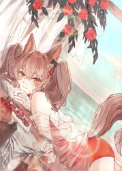 1girl absurdres angelina_(arknights) animal_ears arknights bare_shoulders beach blurry blush bokeh brown_hair cake commentary_request day depth_of_field dutch_angle flower food fox_ears fox_girl fox_tail hair_between_eyes hair_intakes hair_ribbon highres jiru_(6pp_ab) lens_flare long_hair looking_at_viewer lying ocean on_stomach one-piece_swimsuit outdoors red_eyes red_one-piece_swimsuit ribbon sky smile solo swimsuit tail twintails