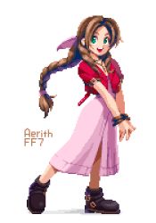 Rule 34 | 1girl, :d, aerith gainsborough, black footwear, bow, braid, character name, copyright name, dress, final fantasy, final fantasy vii, green eyes, jacket, jewelry, long hair, necklace, open mouth, own hands together, pink bow, pink dress, pixel art, pixelflag, short sleeves, smile, standing, white background, wristband