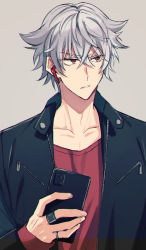 Rule 34 | 1boy, asahi nayuta, bad id, bad pixiv id, bishounen, earbuds, earphones, from argonavis, hair flaps, highres, holding, holding phone, jacket, jewelry, leather, leather jacket, looking to the side, male focus, phone, red shirt, ring, saigi, shirt, silver hair, solo