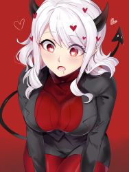 Rule 34 | 1girl, black horns, black skirt, black suit, blush, breasts, commentary request, demon girl, demon horns, demon tail, formal, heart, heart-shaped pupils, helltaker, highres, horns, large breasts, long hair, long sleeves, looking at viewer, modeus (helltaker), open mouth, pantyhose, red background, red eyes, red pantyhose, red sweater, ribbed sweater, saliva, saliva trail, simple background, skirt, solo, suit, sweater, symbol-shaped pupils, tail, turtleneck, white hair, yorei (death0813)