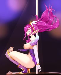 Rule 34 | 1girl, ass, blue eyes, boots, breasts, elbow gloves, female focus, gloves, gradient background, high heel boots, high heels, highres, janna (league of legends), large breasts, league of legends, long hair, money, nipples, open mouth, pink hair, pointy ears, pole, pole dancing, profile, prostitution, solo, squatting, star guardian (league of legends), star guardian janna, stripper pole, thigh boots, thighhighs, tucked money, wangchuan de quanyan, white gloves