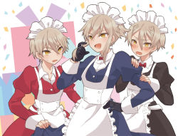 Rule 34 | 3boys, alternate costume, alvin granford, apron, black dress, blush, bow, bowtie, braid, brothers, crossdressing, dress, enmaided, forked eyebrows, frilled apron, frills, hair between eyes, light brown hair, maid, maid apron, maid headdress, male focus, multiple boys, open mouth, panunpa, pop-up story, red dress, short hair with long locks, siblings, sidelocks, smile, waist apron, white apron