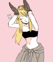 Rule 34 | 1girl, :o, arms up, bandeau, bare arms, bare shoulders, blonde hair, blue eyes, fullmetal alchemist, gloves, long hair, looking up, navel, one eye closed, open mouth, pink background, ponytail, rabbit, simple background, solo, solo focus, tank top, very long hair, winry rockbell
