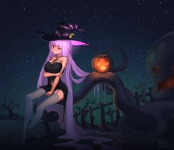 Rule 34 | 1girl, absurdly long hair, absurdres, alternate costume, bad id, bad pixiv id, bare shoulders, black dress, blush, breast lift, breasts, bridow, crescent, dress, garter straps, graveyard, halloween, hat, highres, holding own arm, jack-o&#039;-lantern, large breasts, long hair, no shoes, patchouli knowledge, purple eyes, purple hair, sitting, sky, solo, star (sky), starry sky, strapless, strapless dress, tentacles, thighhighs, touhou, very long hair, witch hat