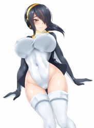 Rule 34 | 10s, 1girl, black hair, black jacket, breasts, brown eyes, covered erect nipples, covered navel, emperor penguin (kemono friends), hair over one eye, headphones, highres, jacket, kemono friends, large breasts, leotard, looking at viewer, open clothes, open jacket, short hair, simple background, smile, solo, tail, thigh gap, thighhighs, twrlare, white background, white leotard, white thighhighs