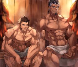 Rule 34 | 2boys, abs, alternate pectoral size, bar censor, bara, bare pectorals, bellsaltr, brown hair, censored, character request, chest hair, dark-skinned male, dark skin, facial hair, flaccid, goatee, granblue fantasy, highres, large pectorals, leaning forward, leg hair, long sideburns, looking at another, male focus, male pubic hair, mature male, multiple boys, muscular, muscular male, naked towel, navel, navel hair, nipples, official alternate costume, pectorals, penis, penis peek, pubic hair, pubic hair peek, sauna, short hair, sideburns, sitting, smile, spread legs, steam, stomach, thick thighs, thighs, towel, towel on legs, veins, wooden wall, yngwie