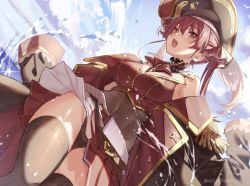 Rule 34 | 1girl, belt, bicorne, black thighhighs, coat, coat on shoulders, covered navel, cropped jacket, from below, hair ribbon, hat, heterochromia, highres, hololive, houshou marine, jacket, leotard, leotard peek, leotard under clothes, navel piercing, neckerchief, open mouth, piercing, pirate hat, pleated skirt, red eyes, red hair, red jacket, red ribbon, red skirt, ribbon, see-through, see-through leotard, shuri (84k), skirt, solo, standing, thighhighs, twintails, two-tone skirt, virtual youtuber, white skirt, yellow eyes