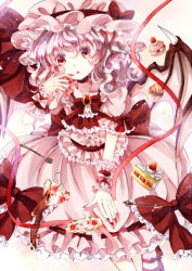 Rule 34 | 1girl, bad id, bad pixiv id, bat wings, blue hair, cake, cup, dress, food, fork, hat, jaku sono, nail polish, open mouth, red eyes, remilia scarlet, saucer, short hair, solo, spilling, spoon, tea, teacup, touhou, wings, wrist cuffs