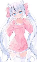 Rule 34 | 1girl, absurdres, animal ears, blue eyes, blush, cat ears, commission, copyright request, dress, hand on own face, highres, lace, lace-trimmed legwear, lace trim, long hair, okomeillust, pink dress, pink ribbon, ribbon, skeb commission, solo, sweater, thighhighs, twintails, very long hair, virtual youtuber, white background, white hair, white thighhighs