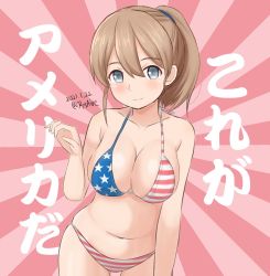 Rule 34 | 1girl, ame-san, american flag bikini, bikini, blue eyes, breasts, brown hair, cleavage, commentary request, cowboy shot, dated, flag print, highres, intrepid (kancolle), kantai collection, large breasts, leaning forward, looking at viewer, one-hour drawing challenge, pink background, ponytail, short hair, solo, sunburst, sunburst background, swimsuit, translation request, twitter username