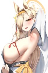 Rule 34 | 1girl, animal ears, armpits, blonde hair, blue archive, breasts, detached sleeves, hairband, halo, highres, huge breasts, kaho (blue archive), long hair, looking at viewer, mole, mole under mouth, open mouth, orange hairband, simple background, smile, solo, tomi27, white background, wide sleeves, yellow eyes