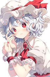Rule 34 | 1girl, arm garter, arm strap, ascot, blue hair, blush, bright pupils, brooch, closed mouth, collared jacket, commentary, darjeeling (reley), dress, fingernails, frilled cuffs, hands up, hat, hat ribbon, highres, jacket, jewelry, long fingernails, looking at viewer, looking to the side, mob cap, no wings, puffy short sleeves, puffy sleeves, red ascot, red eyes, red ribbon, remilia scarlet, ribbon, sash, short hair, short sleeves, sidelocks, silver hair, simple background, slit pupils, solo, touhou, upper body, wavy mouth, white background, white dress, white hat, white pupils, wide-eyed, wrist cuffs
