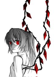 Rule 34 | 1girl, 666pugnole, bare shoulders, breasts, camisole, crystal wings, flandre scarlet, hair between eyes, highres, long hair, looking at viewer, partially colored, red eyes, red wings, shaded face, side ponytail, simple background, slit pupils, small breasts, solo, touhou, white background, wings