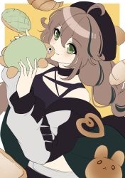Rule 34 | 1girl, ahoge, arknights, bare shoulders, blush, braid, bread, brown hair, choker, closed mouth, cuora (arknights), food, green eyes, hat, highres, holding, holding food, jacket, melon bread, nicole (lion), off shoulder, solo