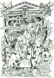 Rule 34 | 2girls, arashigawa, architecture, bamboo, book, bow, building, chinese commentary, closed mouth, collared shirt, commentary request, dress, east asian architecture, closed eyes, facing to the side, flower, fujiwara no mokou, greyscale, hair bow, hand in pocket, hat, highres, holding, holding book, kamishirasawa keine, lantern, long hair, monochrome, multiple girls, ofuda, ofuda on clothes, pants, paper lantern, plant, ponytail, puffy short sleeves, puffy sleeves, shirt, short sleeves, sideways glance, smile, smoke, stone lantern, suspenders, tokin hat, touhou, traditional media, tsukumogami, umbrella, very long hair