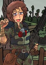 Rule 34 | 1girl, brown hair, bruise, bruise on face, camouflage, gun, highres, injury, purple eyes, rifle, short hair, stalker (game), weapon, wounds