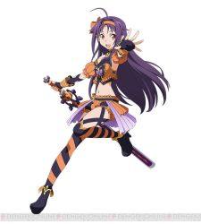 Rule 34 | 10s, 1girl, fingerless gloves, full body, gloves, hair ribbon, holding, holding sword, holding weapon, long hair, midriff, navel, open mouth, orange eyes, orange ribbon, pointy ears, purple hair, ribbon, simple background, solo, striped clothes, striped thighhighs, sword, sword art online, sword art online: code register, thighhighs, watermark, weapon, white background, yuuki (sao)