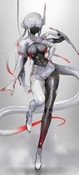 Rule 34 | 1girl, black skin, bodysuit, breasts, colored skin, echanis enicha, extra arms, full body, gloves, highres, medium breasts, monster girl, no eyes, original, short hair, skin tight, solo, standing, tail, weapon, white hair