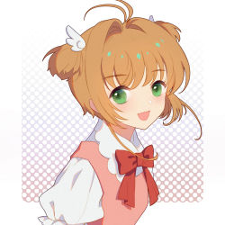 Rule 34 | 1girl, :d, bow, bowtie, brown hair, cardcaptor sakura, duximeng, green eyes, kinomoto sakura, looking at viewer, open mouth, red bow, shirt, short hair with long locks, short sleeves, short twintails, sidelocks, smile, solo, twintails, upper body, white background, white shirt