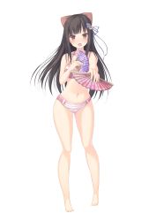 Rule 34 | 1girl, absurdres, barefoot, black hair, blunt bangs, blush, bow, bow panties, bra, breasts, brown bow, brown eyes, crescent, crescent hair ornament, folding fan, foreshortening, full body, hair bow, hair ornament, hair ribbon, hand fan, highres, hip focus, holding, holding fan, lace, lace-trimmed panties, lace trim, large breasts, leanbox, long hair, looking at viewer, navel, open mouth, original, panties, pigeon-toed, pink bra, pink panties, purple ribbon, ribbon, sasakura momiji, simple background, solo, standing, sweatdrop, thighs, underwear, underwear only, wavy mouth, white background, white bow
