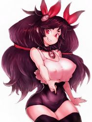 Rule 34 | 1girl, bare shoulders, black hair, black thighhighs, breasts, choker, covered erect nipples, cowboy shot, fumio (rsqkr), hair ornament, highres, hip focus, jewelry, large breasts, leotard, long hair, looking at viewer, midriff, navel, red eyes, sharp teeth, shirt, simple background, skull-shaped pupils, smile, solo, symbol-shaped pupils, teeth, thighhighs, thighs, twintails, very long hair, white background