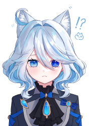 Rule 34 | !?, 1girl, absurdres, ahoge, animal ear fluff, animal ears, ascot, black ascot, black jacket, blue bow, blue eyes, blue hair, blush, bow, brooch, cat ears, commentary request, furina (genshin impact), genshin impact, hair between eyes, hair intakes, heterochromia, highres, jacket, jewelry, looking at viewer, mochi mochi052, no headwear, short hair, simple background, solo, upper body, white background