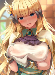 Rule 34 | 1girl, :d, ascot, blonde hair, blue eyes, blunt bangs, blush, bow, breast hold, breasts, cape, commentary request, corset, covered erect nipples, elf, gloves, grey bow, hair bow, hair ornament, highres, large breasts, long hair, looking at viewer, nicoby, open mouth, pointy ears, princess connect!, purple ascot, saren (princess connect!), see-through, smile, solo, underbust, upper body, very long hair, white cape, white gloves