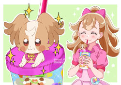 1girl blush bow brown_hair closed_eyes cup dated dress drinking drinking_straw hair_bow hanzou holding holding_cup inukai_komugi inukai_komugi_(dog) jacket long_hair pink_bow pink_dress pink_jacket ponytail precure short_sleeves smile solo twitter_username wonderful_precure!