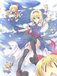 Rule 34 | 1girl, alice margatroid, ankle boots, arms up, bad id, bad pixiv id, belt, black thighhighs, blonde hair, blue dress, blue eyes, blue sky, boots, bow, breasts, capelet, chestnut mouth, chibi, cloud, cloudy sky, day, doll, dress, female focus, hair bow, hairband, highres, jewelry, jumping, lance, long hair, open mouth, oukawa yuu, outstretched arms, petticoat, polearm, puppet rings, puppet strings, ribbon, ring, sash, shanghai doll, short hair, sky, small breasts, smile, solo, string, thighhighs, touhou, weapon, zettai ryouiki, | |