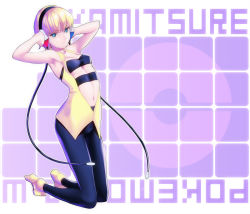 Rule 34 | 10s, 1girl, armpits, bad id, bad pixiv id, bandeau, bare shoulders, black pantyhose, blonde hair, blue eyes, breasts, cable, center opening, character name, checkered background, cleavage, copyright name, creatures (company), elesa (pokemon), expressionless, game freak, gym leader, halterneck, hands on headphones, headphones, high heels, kaida bola, kneeling, leaning back, looking at viewer, midriff, navel, nintendo, pantyhose, perky breasts, poke ball, pokemon, pokemon bw, purple background, shirt, shoes, short hair, small breasts, solo, strapless, taut clothes, taut shirt, tube top, underboob