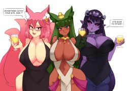 Rule 34 | 3girls, :d, animal ears, anubis (monster girl encyclopedia), apophis (monster girl encyclopedia), bare arms, black dress, black sclera, blush, breasts, cleavage, cleavage cutout, clothing cutout, colored sclera, colored skin, come hither, commentary, cup, dark-skinned female, dark skin, dress, drink, egyptian clothes, elysia watanabe, english commentary, english text, flower, fox ears, fox girl, fox tail, green eyes, green hair, hair flower, hair ornament, holding, holding cup, huge breasts, lamia, looking at viewer, monster girl, monster girl encyclopedia, monster girl encyclopedia ii, multiple girls, multiple tails, no bra, open mouth, original, pale skin, pink hair, pointy ears, purple hair, purple skin, red eyes, revealing clothes, rtil, scales, second-party source, sideboob, simple background, smile, snake hair ornament, speech bubble, tail, tiara, white background