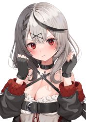 Rule 34 | 1girl, :t, absurdres, belt bra, black gloves, blush, braid, breasts, cleavage, daily (daily178900), fingerless gloves, gloves, grey hair, hair ornament, heart, highres, hololive, hood, hoodie, large breasts, pout, red eyes, sakamata chloe, virtual youtuber, x hair ornament