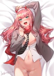 Rule 34 | 1girl, :d, arm up, bed sheet, black necktie, blazer, blue eyes, blunt bangs, blush, bottomless, breasts, breath, censored, collared shirt, cowboy shot, dakimakura (medium), darling in the franxx, diagonal-striped clothes, diagonal-striped neckwear, grey jacket, hairband, horns, jacket, long hair, long sleeves, looking at viewer, lxkate, lying, medium breasts, mosaic censoring, nail polish, navel, necktie, nipples, no bra, nose blush, on back, oni horns, open clothes, open jacket, open mouth, open shirt, pink hair, pink nails, pussy, pussy juice, red horns, red scarf, scarf, school uniform, shirt, smile, solo, striped clothes, striped necktie, striped neckwear, sweat, unbuttoned, white hairband, white shirt, zero two (darling in the franxx)