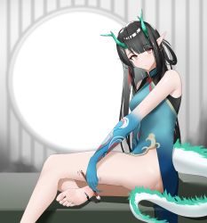 Rule 34 | 1girl, absurdres, arknights, ass, backlighting, bare arms, bare legs, bare shoulders, barefoot, black hair, blue dress, blue skin, blunt bangs, calligraphy brush, chinese commentary, closed mouth, colored skin, commentary request, dragon girl, dragon horns, dragon tail, dress, dusk (arknights), dusk (everything is a miracle) (arknights), feet, gradient skin, hair rings, highres, holding, holding brush, horns, indoors, ink, long hair, looking at viewer, motion lines, no panties, official alternate costume, paintbrush, pointy ears, red eyes, round window, sitting, sleeveless, sleeveless dress, soles, solo, tail, tail censor, toes, vamjulian, very long hair, window