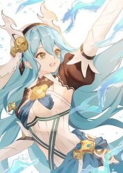 Rule 34 | 1girl, atoatto, azura (fire emblem), azura (song&#039;s reflection) (fire emblem), blue hair, commentary request, dragon horns, fake horns, fire emblem, fire emblem fates, fire emblem heroes, floating hair, hair between eyes, horns, hydrokinesis, jewelry, long hair, necklace, nintendo, official alternate costume, open mouth, signature, simple background, smile, solo, twitter username, veil, very long hair, water, white background, yellow eyes