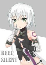 Rule 34 | 1girl, absurdres, bandaged arm, bandages, bare shoulders, black gloves, black panties, black shirt, blush, breasts, chestnut mouth, commentary request, dagger, dated, english text, fang, fate/grand order, fate (series), feiyyx, finger to mouth, fingerless gloves, gloves, green eyes, grey background, hair between eyes, highres, holding, holding dagger, holding knife, holding weapon, index finger raised, jack the ripper (fate/apocrypha), knife, navel, panties, parted lips, shirt, shoulder tattoo, shushing, signature, silver hair, single glove, sleeveless, sleeveless shirt, small breasts, solo, tattoo, two-tone background, underwear, v-shaped eyebrows, weapon, white background