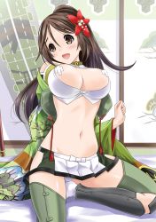 Rule 34 | 10s, 1girl, amagi (kancolle), bare shoulders, breasts, breasts out, brown eyes, brown hair, censored, clothes down, crop top, female focus, flower, furisode, green thighhighs, hair between eyes, hair flower, hair ornament, japanese clothes, kantai collection, kimono, large breasts, long hair, looking at viewer, midriff, miniskirt, mole, mole under eye, navel, neko danshaku, ponytail, shikigami, sitting, skirt, solo, stomach, thighhighs, wariza, zettai ryouiki