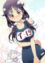 Rule 34 | 2girls, bare shoulders, black hair, blush, bow, breasts, breasts squeezed together, clothes writing, cosplay, costume switch, covering privates, covering crotch, dutch angle, gradient background, hair bow, hair ribbon, highres, i-19 (kancolle), i-19 (kancolle) (cosplay), kantai collection, large breasts, long hair, looking down, md5 mismatch, multiple girls, naitou ryuu, neckerchief, one-piece swimsuit, open mouth, outstretched arms, red eyes, resized, ribbon, sailor collar, school swimsuit, school uniform, serafuku, solo focus, standing, swimsuit, taigei (kancolle), taigei (kancolle) (cosplay), twintails, twitter username, wavy mouth