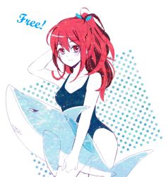 Rule 34 | 10s, 1girl, blush, free!, inflatable shark, inflatable toy, long hair, matsuoka gou, momoko (momoko14), one-piece swimsuit, ponytail, red eyes, red hair, solo, swimsuit