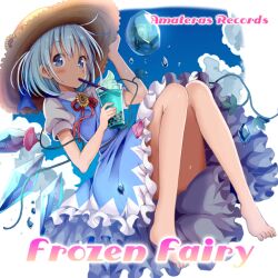 Rule 34 | 1girl, album cover, alternate headwear, amateras records, bare legs, barefoot, blue bow, blue dress, blue eyes, blue hair, blue sky, bow, bubble tea, circle name, cirno, cloud, collared shirt, cover, cup, dress, drinking straw, english text, fairy wings, floating, flower, frozen frog, full body, game cg, givuchoko, hair bow, hand on headwear, hat, holding, holding cup, ice, ice wings, levitation, long bangs, official art, pinafore dress, pink flower, plant, puffy short sleeves, puffy sleeves, red ribbon, ribbon, shirt, short hair, short sleeves, sky, sleeveless, sleeveless dress, solo, sun hat, sunflower, tanned cirno, touhou, touhou cannonball, vines, white shirt, wings