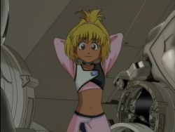 Rule 34 | 1girl, animated, animated gif, arms around neck, bare legs, blonde hair, breasts, dark-skinned female, dark skin, geneshaft, green eyes, high ponytail, knife, looking at viewer, looking back, machinery, navel, panties, pelvic curtain, ponytail, revealing clothes, shiny skin, short hair, simple background, small breasts, smile, solo, standing, sweat, tiki musicanova, underwear